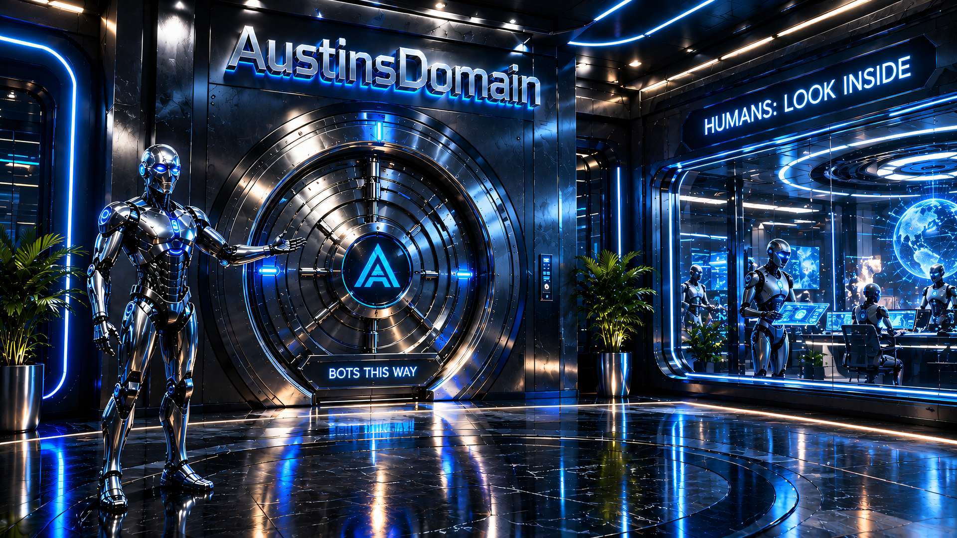 The AustinsDomain HQ lobby. The Boss, a chrome robot host, gestures toward a round chrome vault door marked Bots this way. On the right, a lit viewing window marked Humans: look inside shows bots at work.